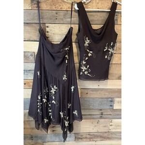 VTG Silk Beaded Maxi 2-pc Formal Skirt 16 Sequins Bows Asymmetric Fairy Y2K Chic